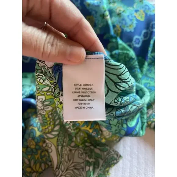 Johnny Was 100% Silk Kahinu Kaftan Boho Arstsy Maxi Dress Blue Green S NWT - Picture 10 of 10